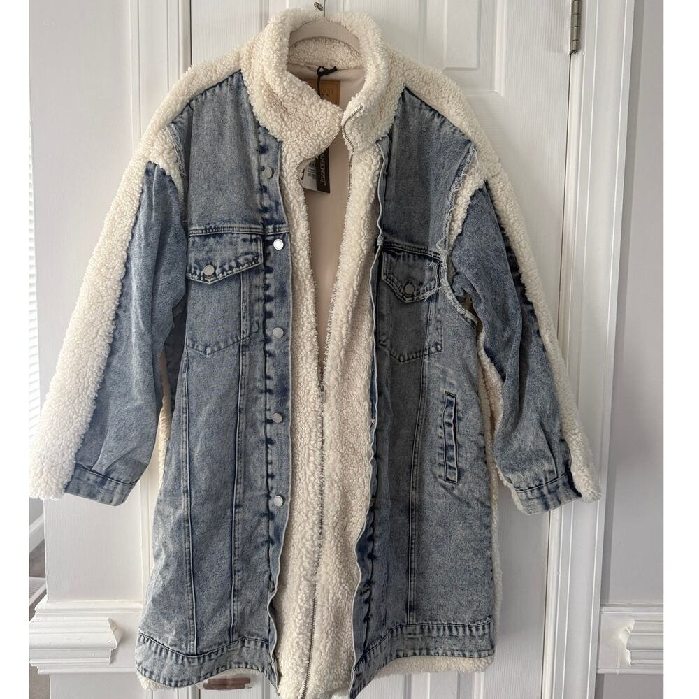 BlankNYC | Longline denim & faux shearling sherpa trucker jean jacket coat Large